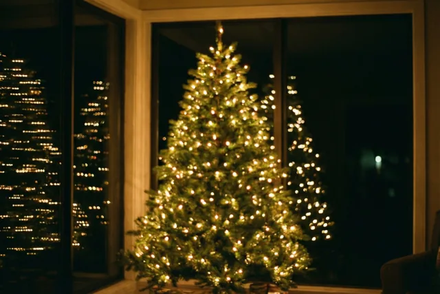 Een onscherpe kerstboom met warme lichtjes staat voor een groot raam met uitzicht op een donker stadslandschap bij nacht.