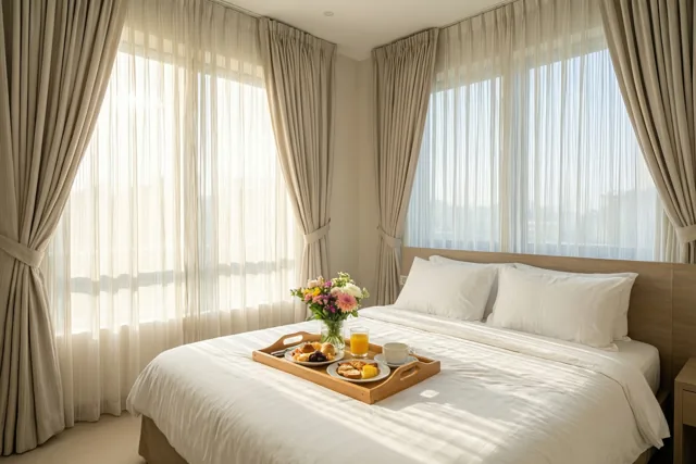 Een houten dienblad met eten en bloemen staat op een bed in een slaapkamer met beige en witte tinten, verlicht door ochtendlicht langs opengeschoven doorschijnende gordijnen.