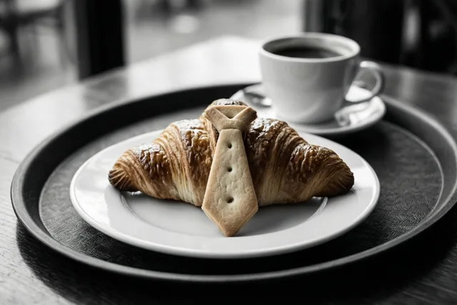 Een zwart-witfoto toont een ontbijtplateau met een croissant, een koekje in de vorm van een das en een kop koffie op een donkere houten tafel.