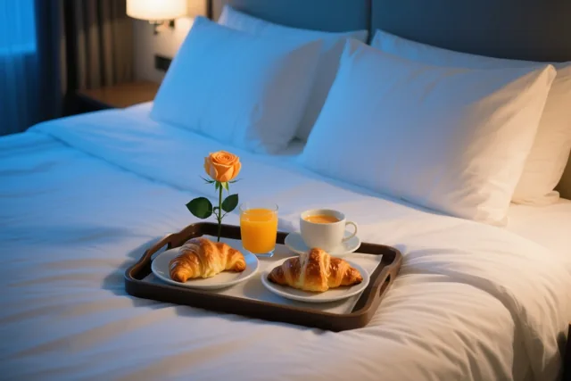 Een dienblad met twee croissants, sinaasappelsap, thee en een oranje roos staat op een netjes opgemaakt bed met blauw beddengoed.