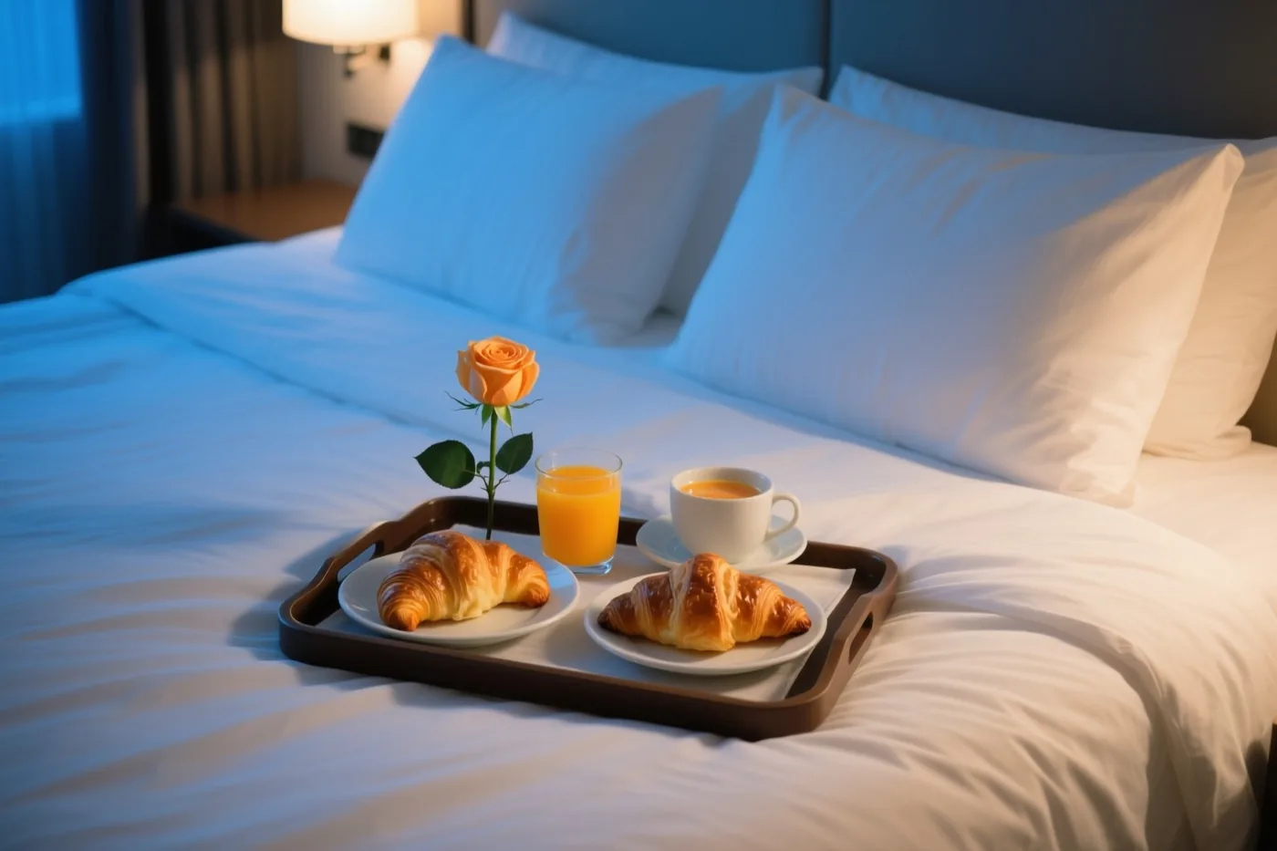Een dienblad met twee croissants, sinaasappelsap, thee en een oranje roos staat op een netjes opgemaakt bed met blauw beddengoed.