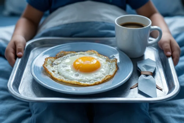 Een kind zit in bed met blauw beddengoed en houdt een metalen dienblad vast met een spiegelei, een kop koffie en een papieren das.