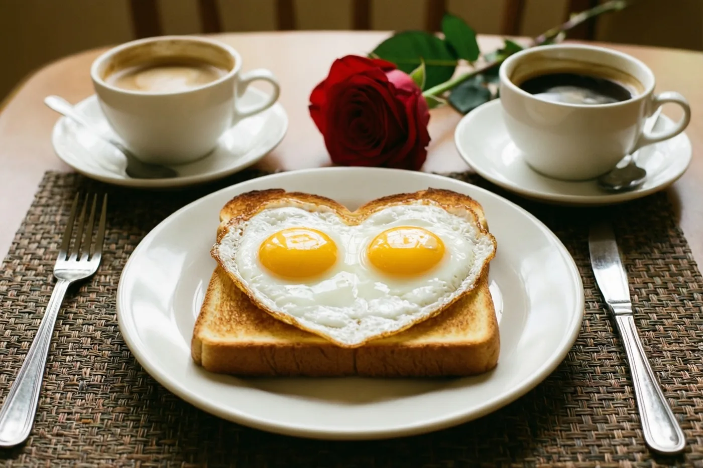 Twee hartvormige spiegeleieren op toast staan met twee koppen koffie, een rode roos en bestek op een gedekte ontbijttafel met een geweven placemat.