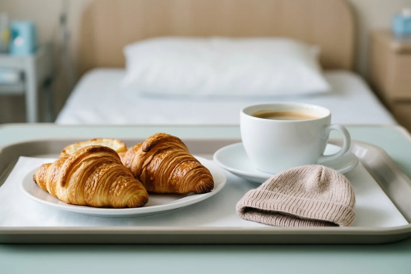 Een ontbijtplateau met croissants, koffie en een klein gebreid babymutsje staat op een ziekenhuisbed in een warm verlichte kraamkamer.