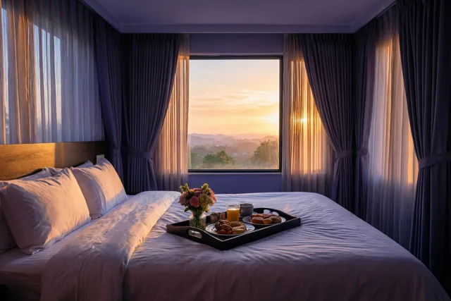 Op een wit bed staat een ontbijtdienblad met gebakjes, sap, een kop en bloemen, terwijl door een groot raam met opengeschoven gordijnen de zon boven verre heuvels opkomt.