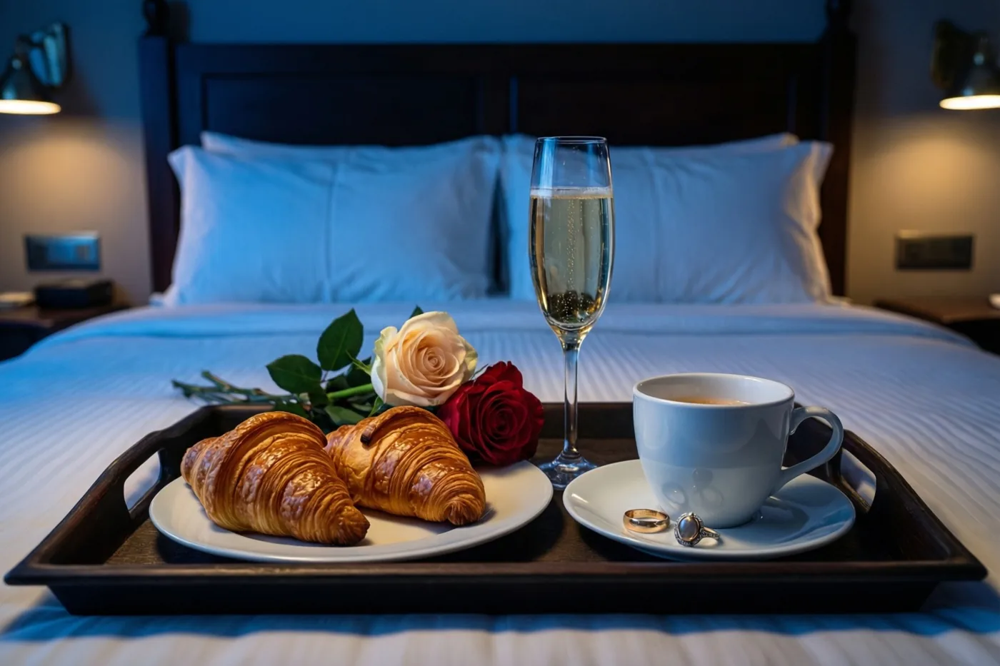 Een ontbijtblad met croissants, champagne, rozen en twee trouwringen staat op een bed in een schemerige hotelkamer met zachte blauwe en witte tinten.