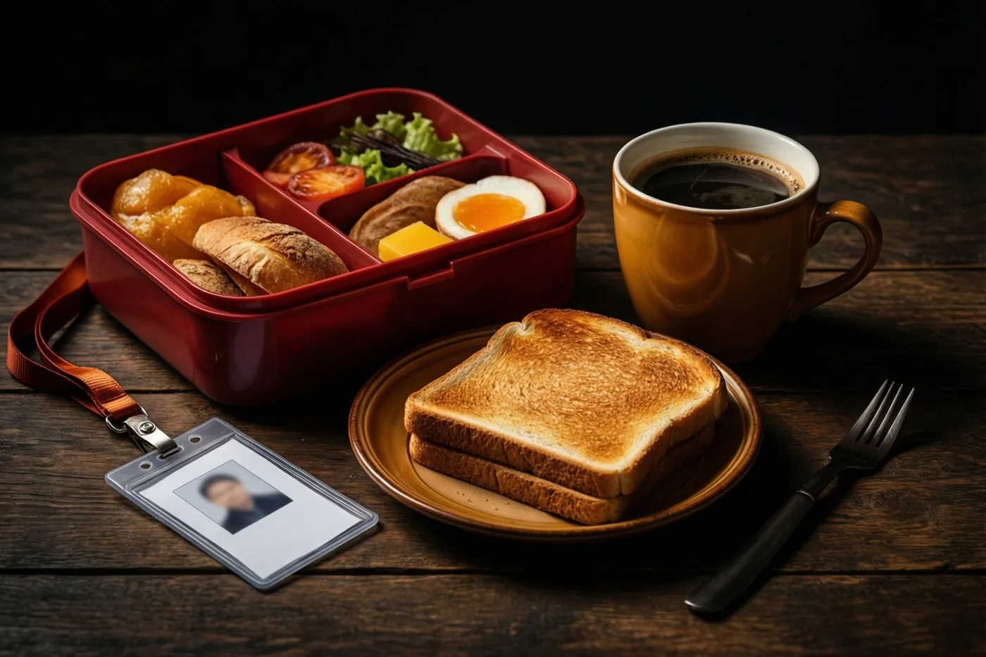 Koffie, geroosterd brood, een gevulde brooddoos en een nieuwe blanco werkbadge liggen op een donkere houten tafel, in rode, bruine en zwarte tinten.