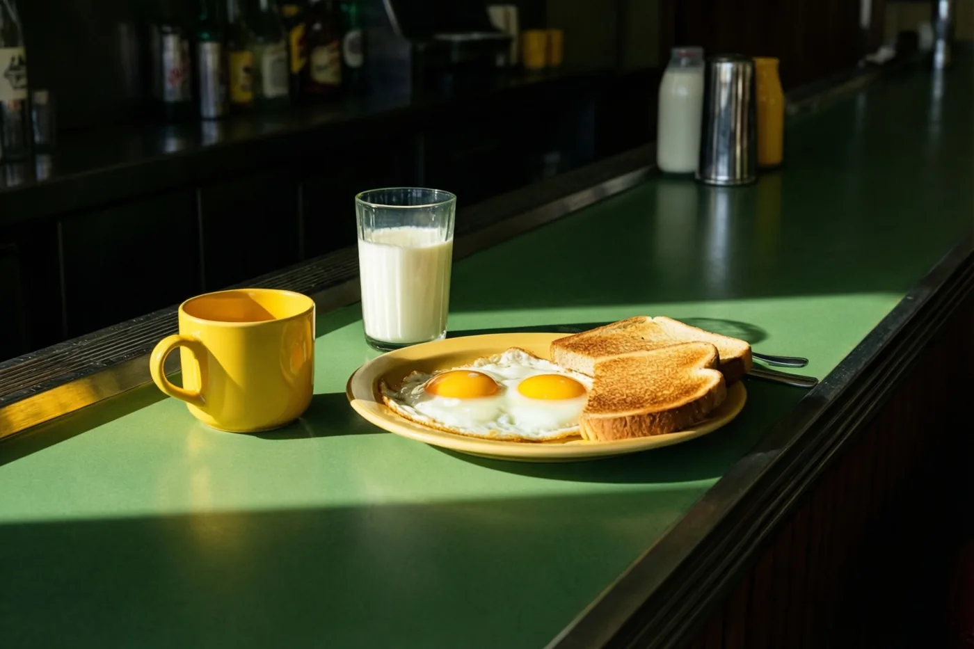 Op een groene toog staan spiegeleieren met toast, een gele mok en een glas melk in de ochtendzon, in de stijl van een melkbar uit de jaren zestig.