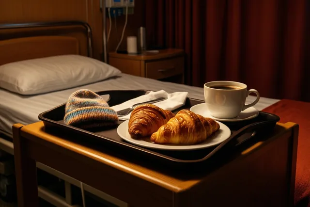 Een ontbijtplateau met twee croissants, koffie en een klein gebreid babymutsje staat op een houten nachtkastje in een warm verlichte kraamkamer met dieprode gordijnen.