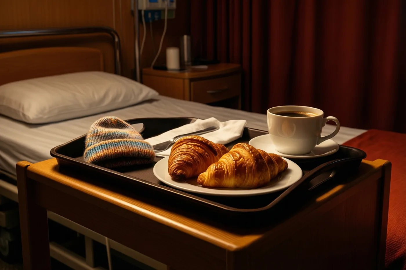 Een ontbijtplateau met twee croissants, koffie en een klein gebreid babymutsje staat op een houten nachtkastje in een warm verlichte kraamkamer met dieprode gordijnen.