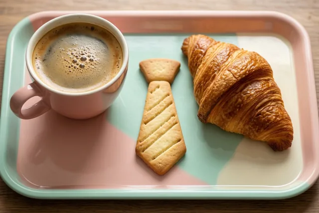 Een ontbijtplateau met pastelroze en mintgroene vakken draagt een kop koffie, een goudkleurige croissant en een koekje in de vorm van een das op een houten ondergrond.