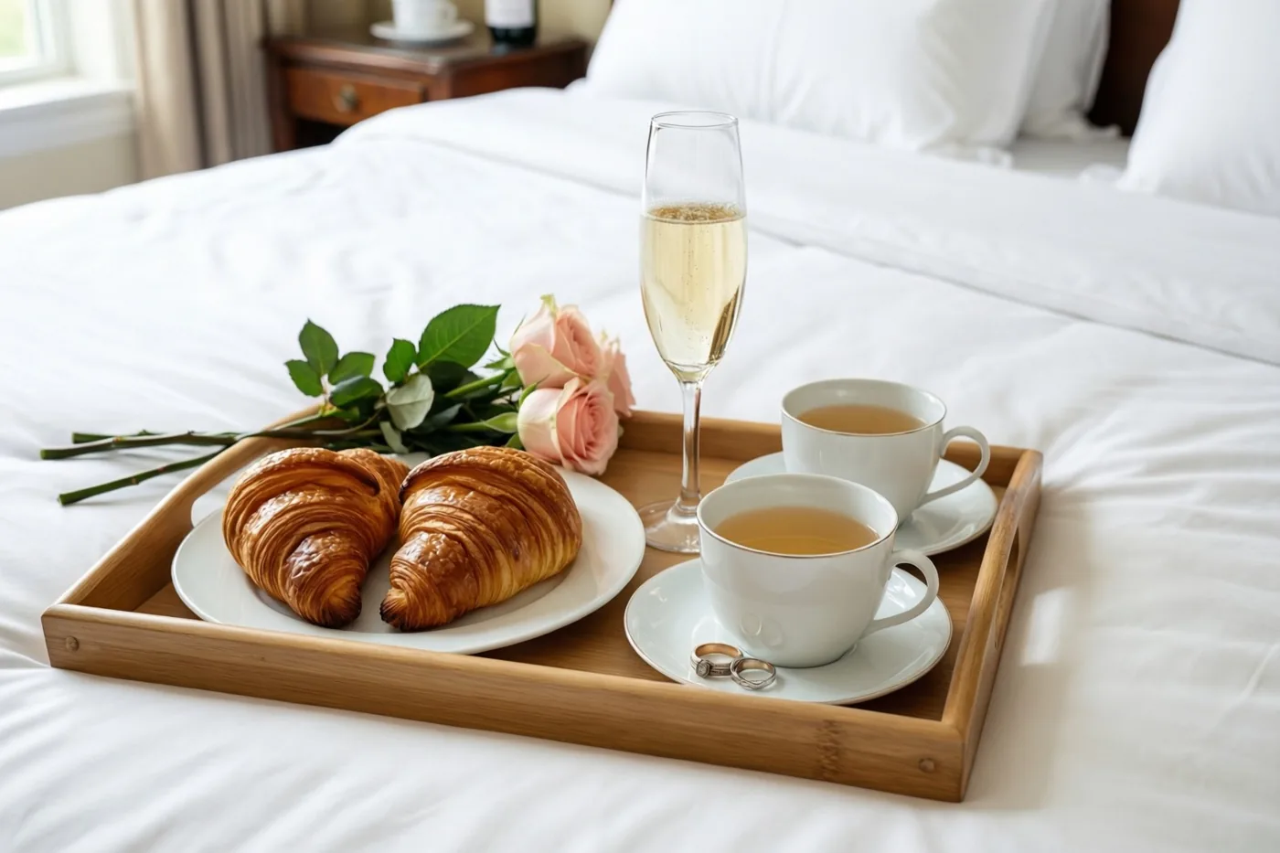 Een houten dienblad met twee croissants, twee kopjes thee, een glas champagne en roze rozen staat op een wit bed in een lichte slaapkamer.
