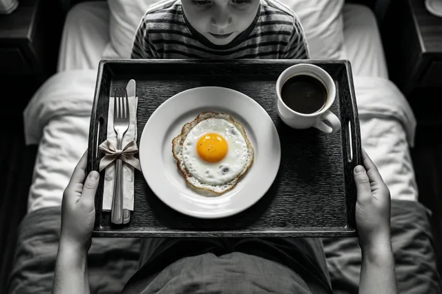 Een kind in een gestreept shirt houdt boven een bed een dienblad met een spiegelei en koffie vast, in zwart-wit met een gele eidooier.