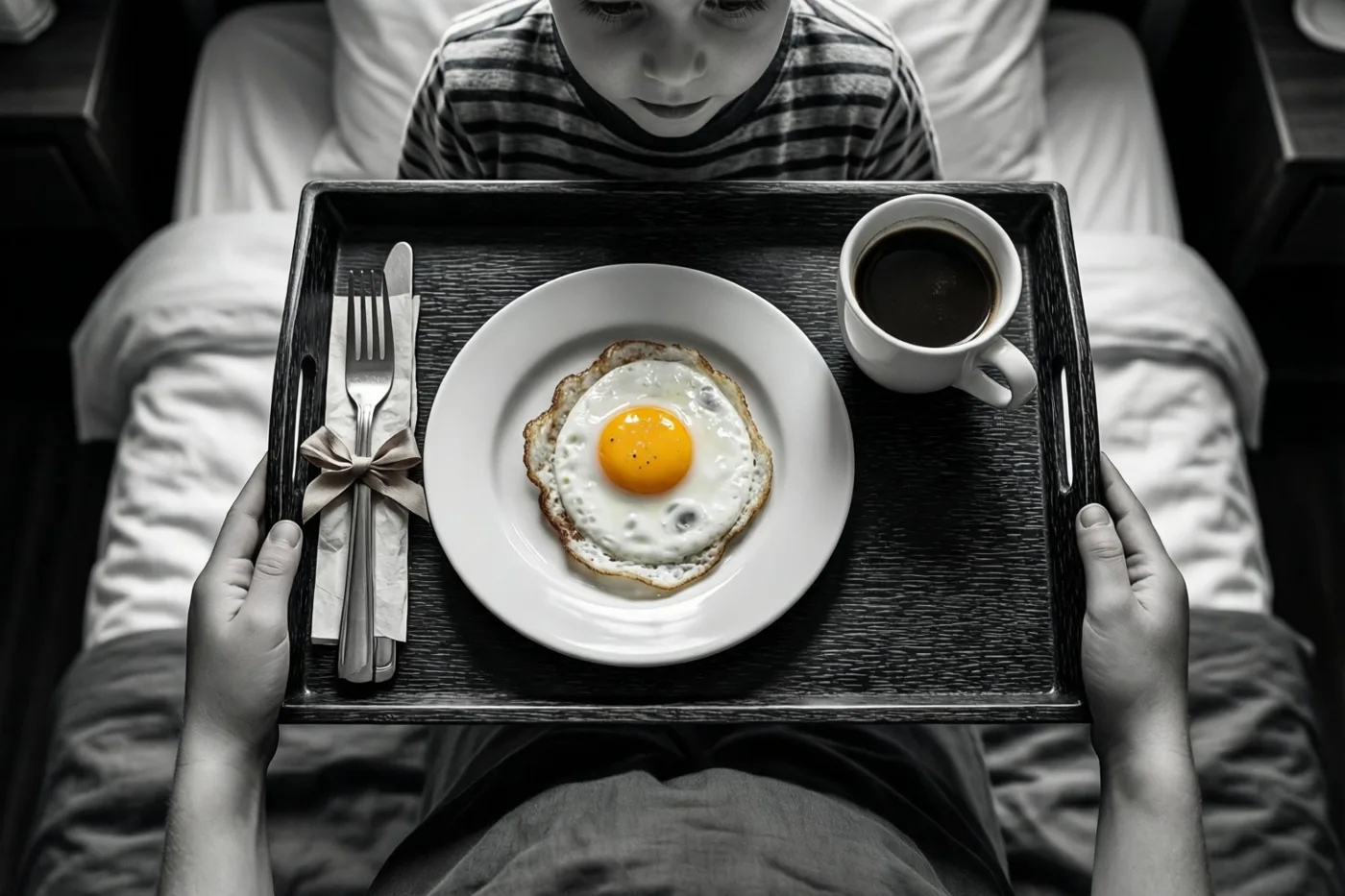 Een kind in een gestreept shirt houdt boven een bed een dienblad met een spiegelei en koffie vast, in zwart-wit met een gele eidooier.