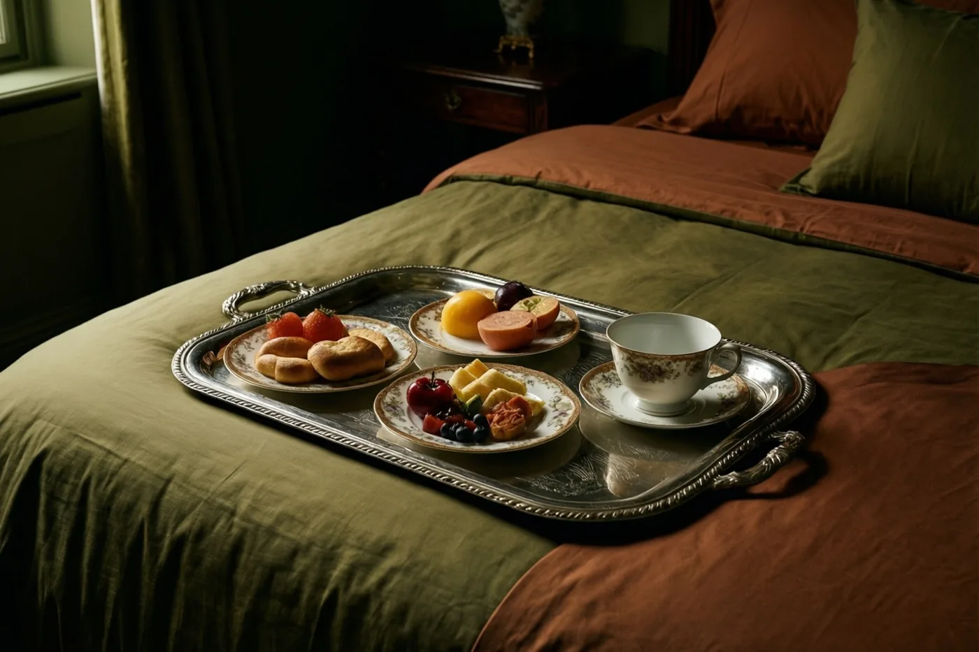Een zilveren dienblad met fijn porselein, verschillende soorten fruit en gebak staat op een bed met groen en bruin beddengoed in een schemerige slaapkamer.