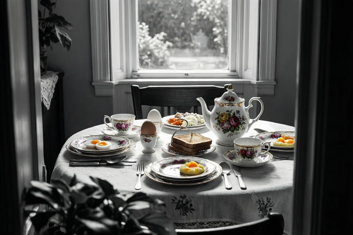 Door een deuropening is een ontbijttafel te zien met gebloemd theeservies, gekookte eieren en toast op een rekje, verlicht door zonlicht uit een raam.