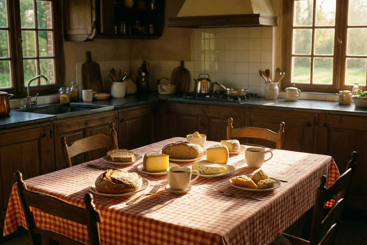 In een landelijke keuken staan brood, kaas en koffiekoppen op een houten tafel met een rood-wit geruit tafelkleed, met houten kasten, oud keukengerei en groen buiten de zonverlichte ramen.