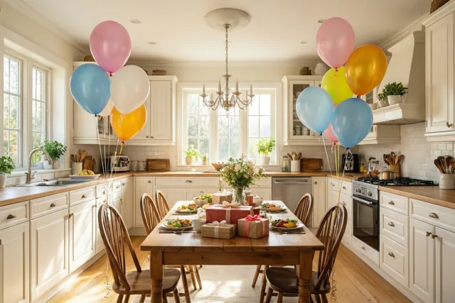 In een zonnige keuken met witte kasten en een houten vloer staat een houten ontbijttafel met ingepakte cadeaus en ballonnen aan de stoelen.