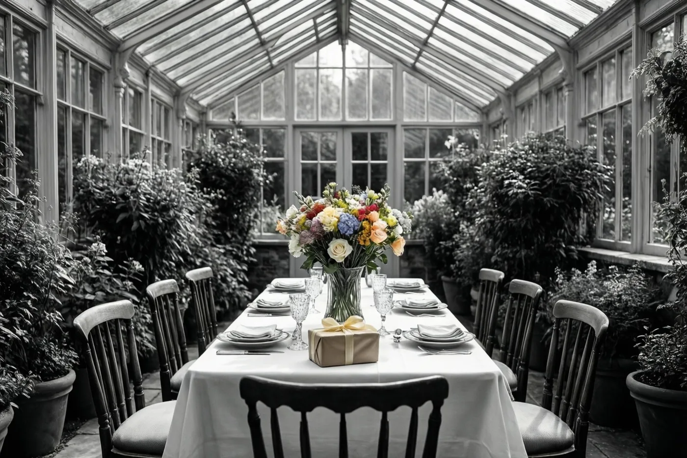 Een lange tafel is gedekt voor het ontbijt in een glazen veranda met potplanten en houten stoelen, met een kleurrijk bloemstuk en een klein ingepakt cadeau op tafel.
