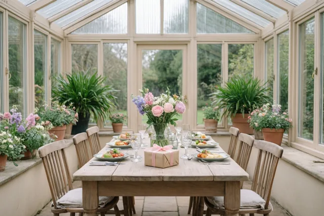 Een houten eettafel is gedekt voor het ontbijt in een lichte veranda met potplanten en bloemstukken in zachte pasteltinten.