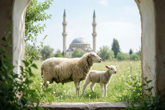 Een ooi en haar lam staan in een zonnige weide, omkaderd door een stenen boog met groen, met daarachter een moskee met twee minaretten en een koepel.