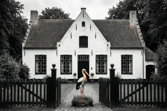 Bij de poort van een witgekalkte Vlaamse hoeve staat een houten ooievaar, naast een kasseipad en een donker houten hek onder een bewolkte hemel.