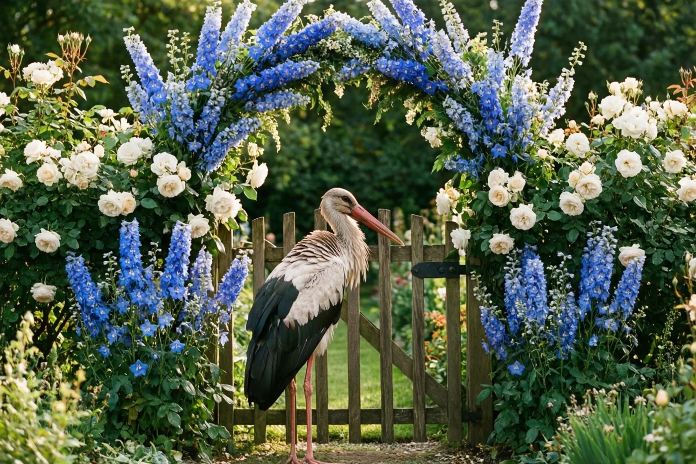 Een grote witte ooievaar met zwarte vleugels staat naast een houten tuinpoort met een volle slinger van blauwe ridderspoor en witte rozen in een zonnige tuin.