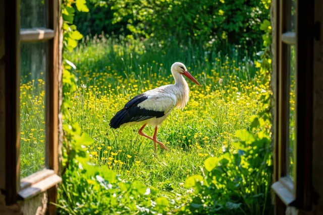 Vanuit een raam met een houten kader is een witte ooievaar met zwarte vleugels en een rode snavel en poten te zien in een zonnige groene weide vol gele boterbloemen.