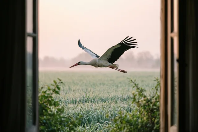 Door een open raam is een witte ooievaar met zwarte vleugelpunten te zien die bij dageraad laag boven een groen veld vliegt in zachte roze en groene tinten.