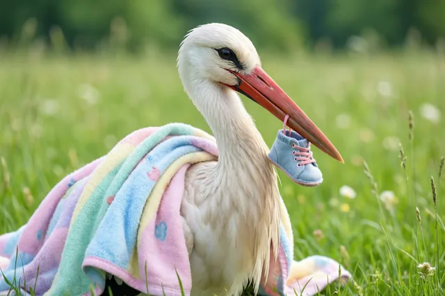 Een witte ooievaar staat in een groene weide, gewikkeld in een pastelkleurig babydekentje, met een klein blauw babyslofje in zijn snavel.