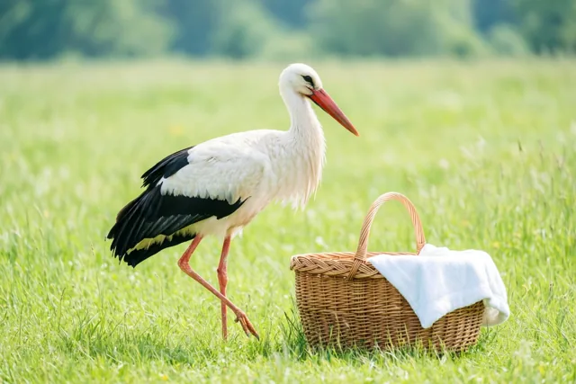 Een witte ooievaar met zwarte vleugelpunten en een rode snavel staat in een groene wei naast een rieten babymand met een witte deken.