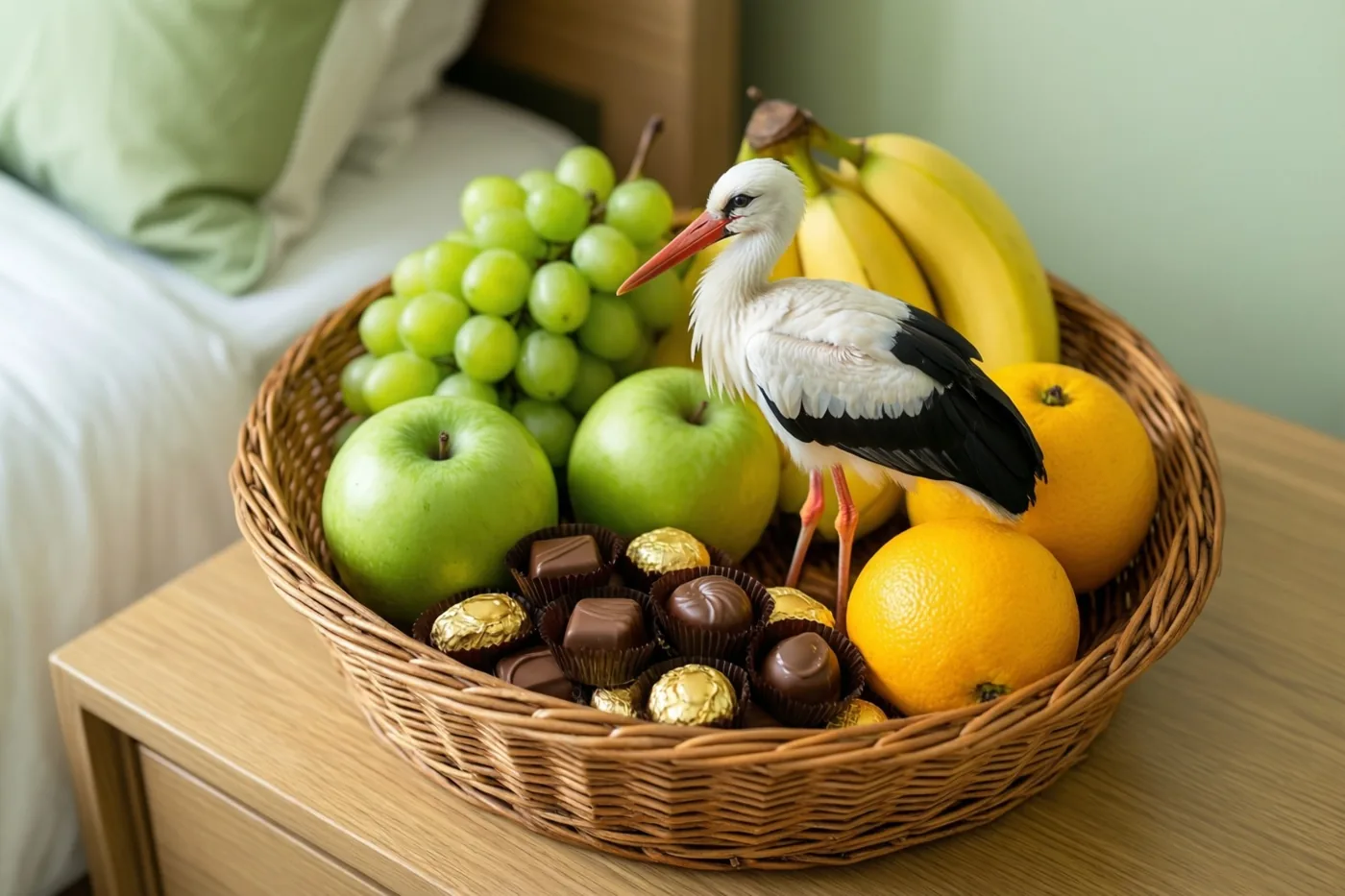 Een rieten mand met groene appels, druiven, bananen, sinaasappels, chocolaatjes en een witte ooievaar staat op een houten nachtkastje naast een bed met lichtgroen en wit beddengoed.