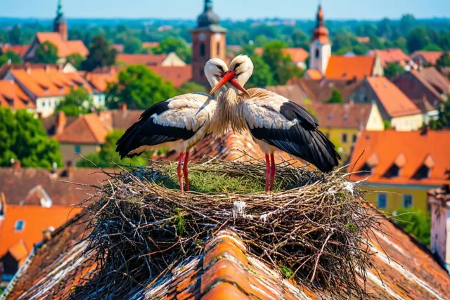 Twee ooievaars zitten samen op een groot nest op een pannendak, met een stadje en kerktorens in de zonnige achtergrond.