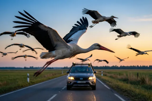Witte ooievaars met zwarte vleugelpunten vliegen boven een landelijke weg waar een auto wegrijdt, onder een oranje-blauwe avondlucht.