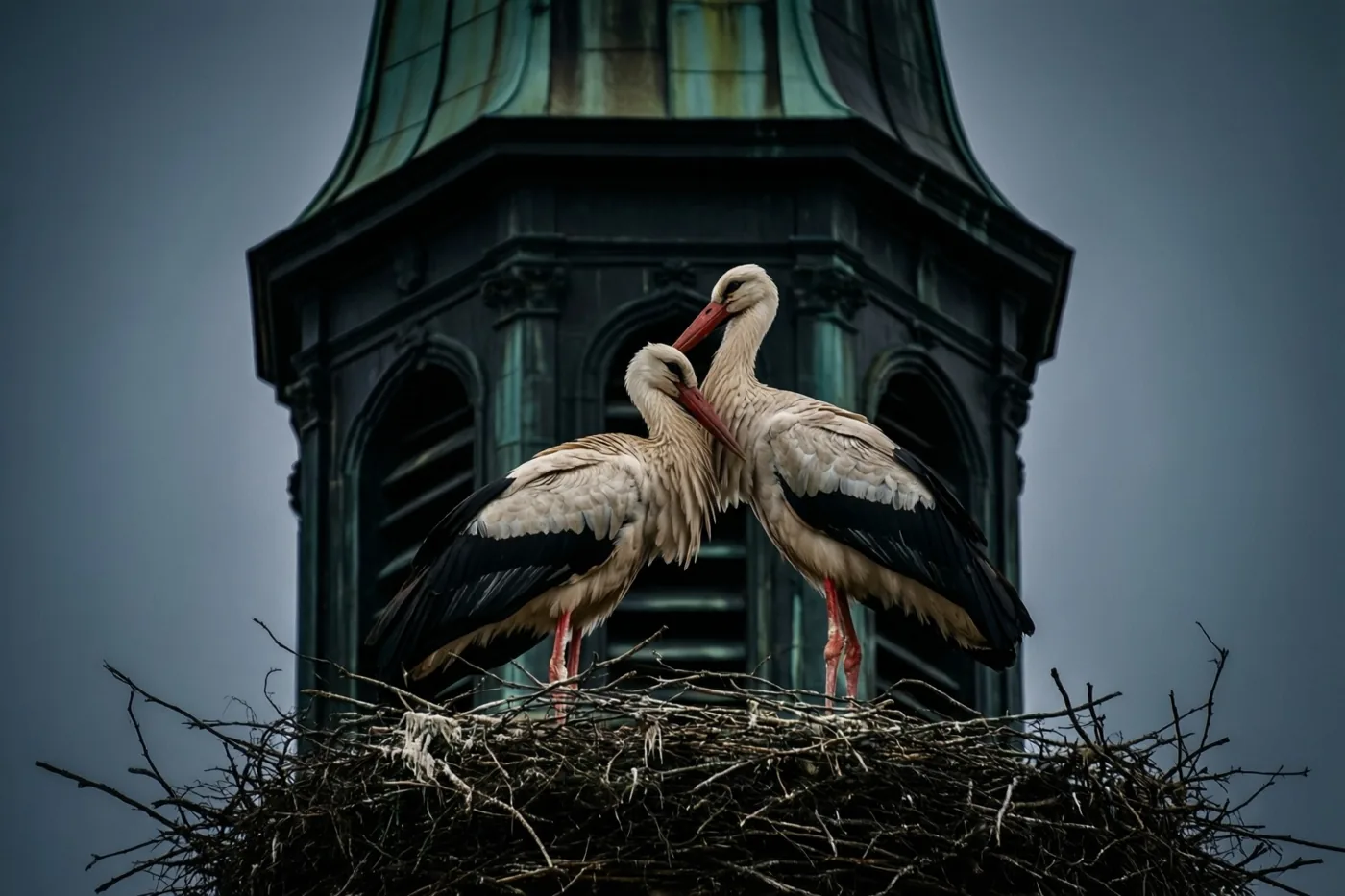 Twee witte ooievaars met zwarte vleugels en rode snavels en poten staan dicht bij elkaar op een takkennest boven op een donkere, sierlijke kerktoren onder een grijze, bewolkte hemel.