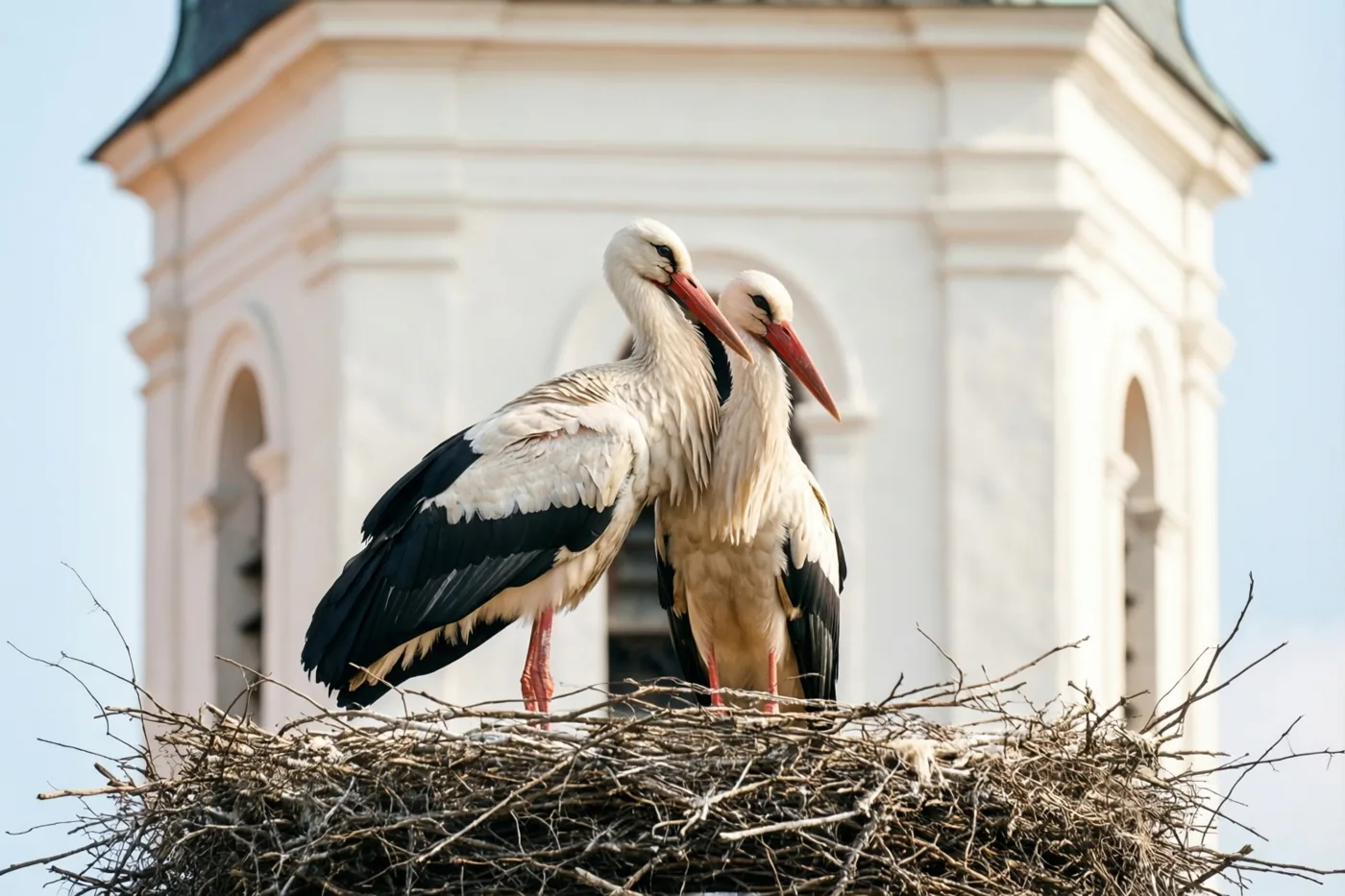 Twee witte ooievaars met zwarte vleugels en rode snavels staan dicht bij elkaar op een groot takkennest boven op een witte kerktoren met boogramen.
