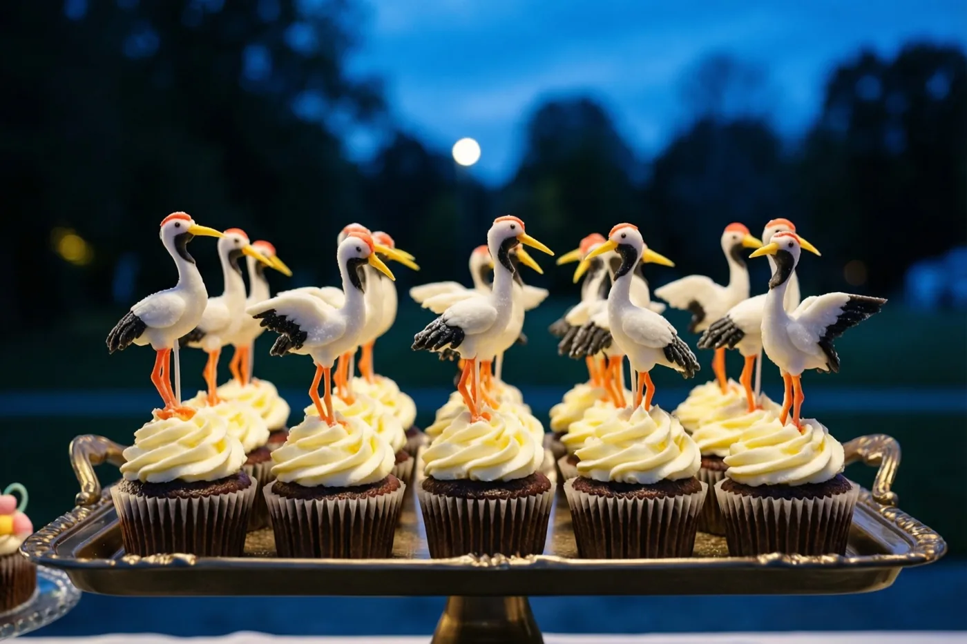 Een schaal chocoladecupcakes met wit glazuur en ooievaarsdecoraties van suiker staat buiten in de schemering, met een maan en onscherpe bomen tegen een donkerblauwe lucht.