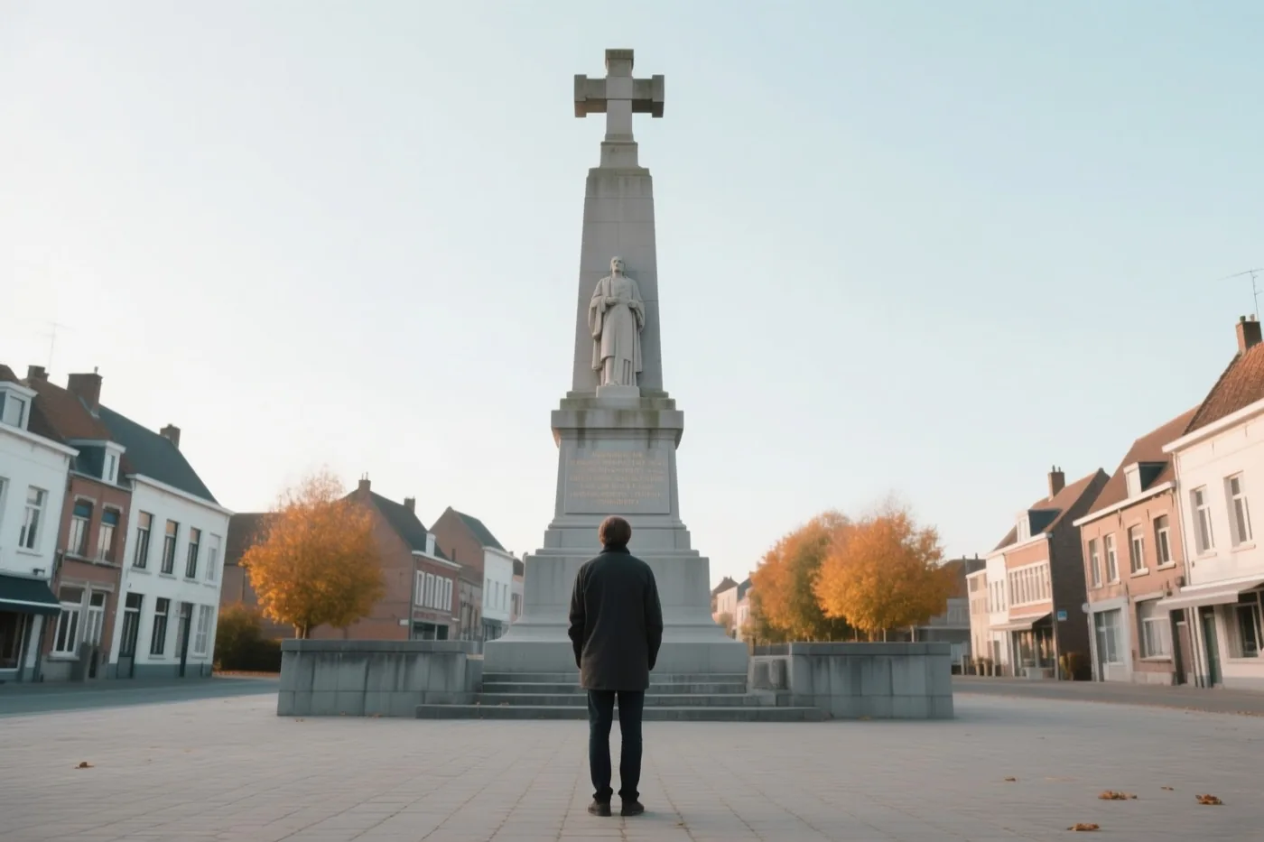 Een persoon staat bij een hoog stenen oorlogsmonument met een kruis op een verhard dorpsplein, tussen gouden bomen en traditionele Vlaamse gebouwen onder een bleke hemel.