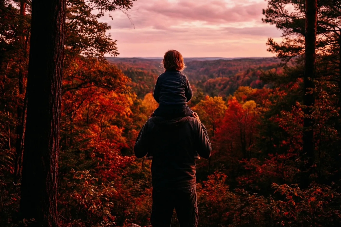 Een vader draagt een kind op zijn schouders en kijkt van achteren gezien uit over een vallei met herfstbomen onder een roze-oranje zonsondergang.