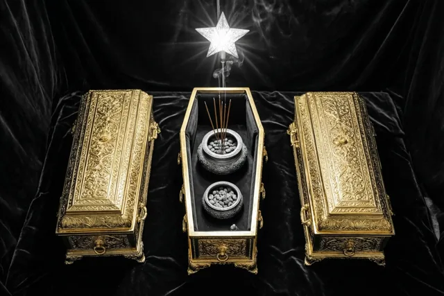 Drie versierde gouden kistjes staan op donker fluweel onder een lichtgevende ster, met wierook en schaaltjes mirre in het geopende middelste kistje.