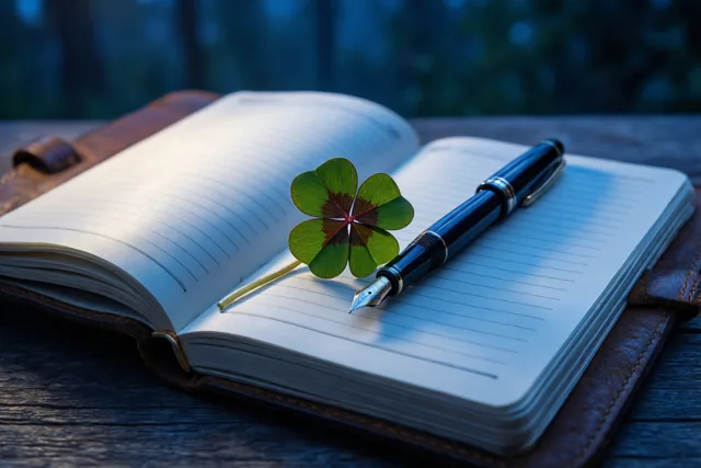 Een open leren notitieboek ligt op hout met een zwarte vulpen en een klavertje vier op de gelijnde bladzijden, in zachtblauw licht.