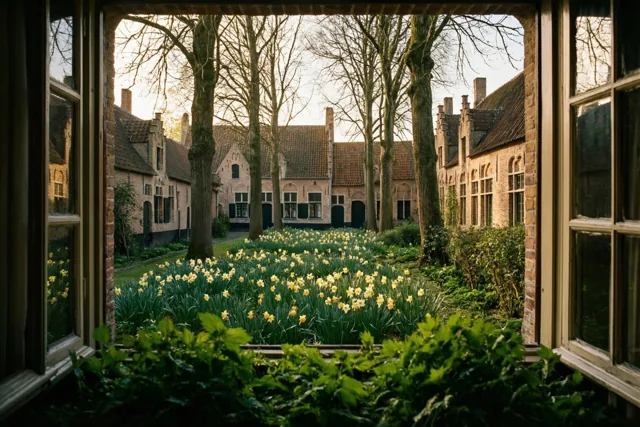 Door een open raam met omringend metselwerk zijn gele narcissen, kale bomen en groen gebladerte in een begijnhoftuin te zien in warm goudkleurig licht.