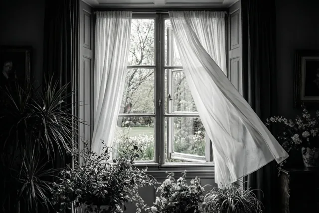 Een zwart-witfoto toont een open raam met waaiende witte gordijnen en zicht op een tuin, met potplanten op de voorgrond en portretten aan de muren.