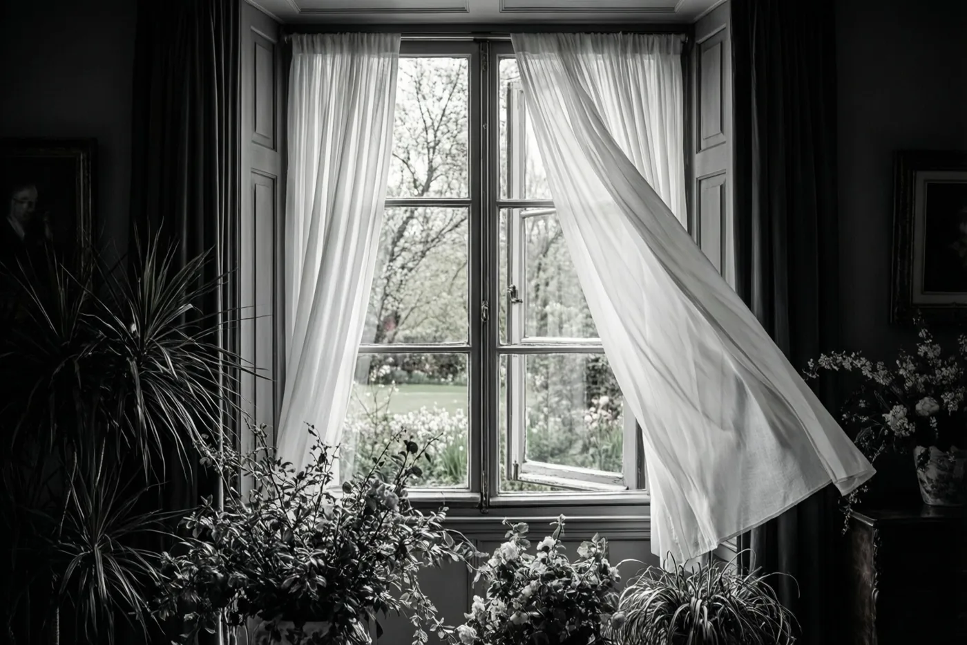 Een zwart-witfoto toont een open raam met waaiende witte gordijnen en zicht op een tuin, met potplanten op de voorgrond en portretten aan de muren.
