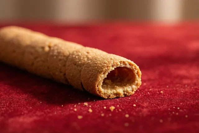 Een opgerold pepernotenkoekje ligt schuin op dieprood fluweel, met kruimels eromheen in zacht warm licht.