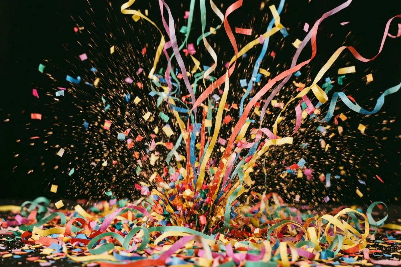 Rode, gele, blauwe en groene slingers en confetti schieten omhoog uit een hoop tegen een donkere achtergrond.