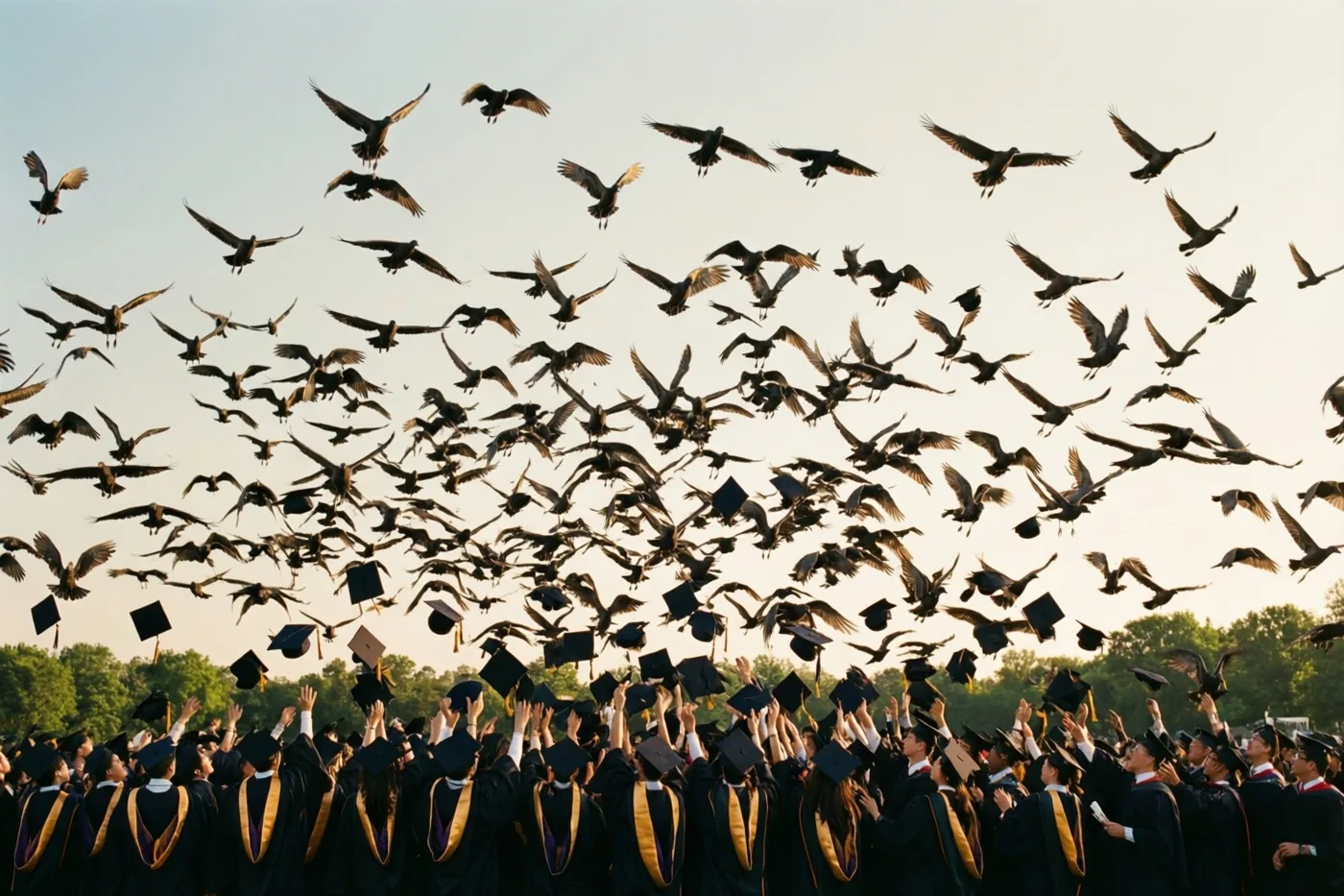 Een grote groep afgestudeerden in zwarte toga's gooit van veraf gezien de hoeden omhoog terwijl vogels opvliegen tegen een bleke hemel, met bomen op de achtergrond.