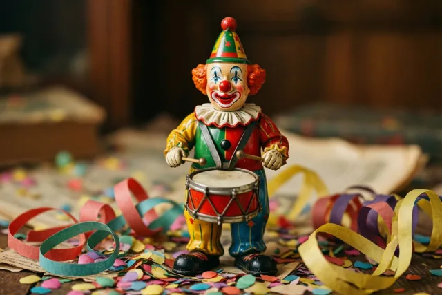 Een oude blikken opwindclown met een trommel staat tussen kleurrijke confetti en papieren slingers, in warm licht met een zacht vervaagde achtergrond.