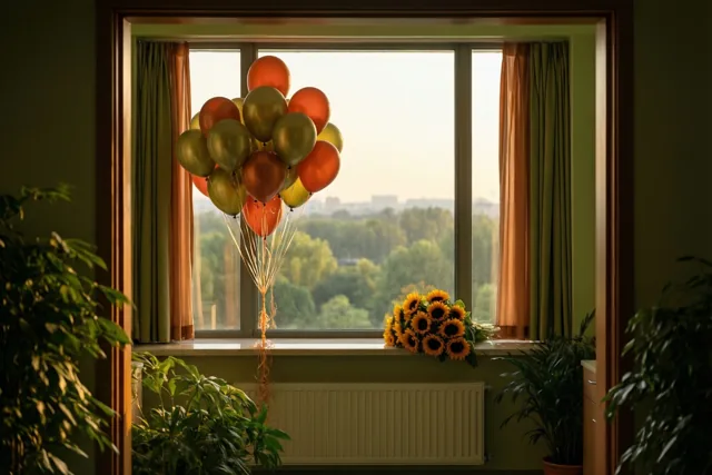 Oranje en gouden ballonnen en een boeket zonnebloemen staan op een vensterbank, omringd door groene gordijnen en kamerplanten in natuurlijk licht.