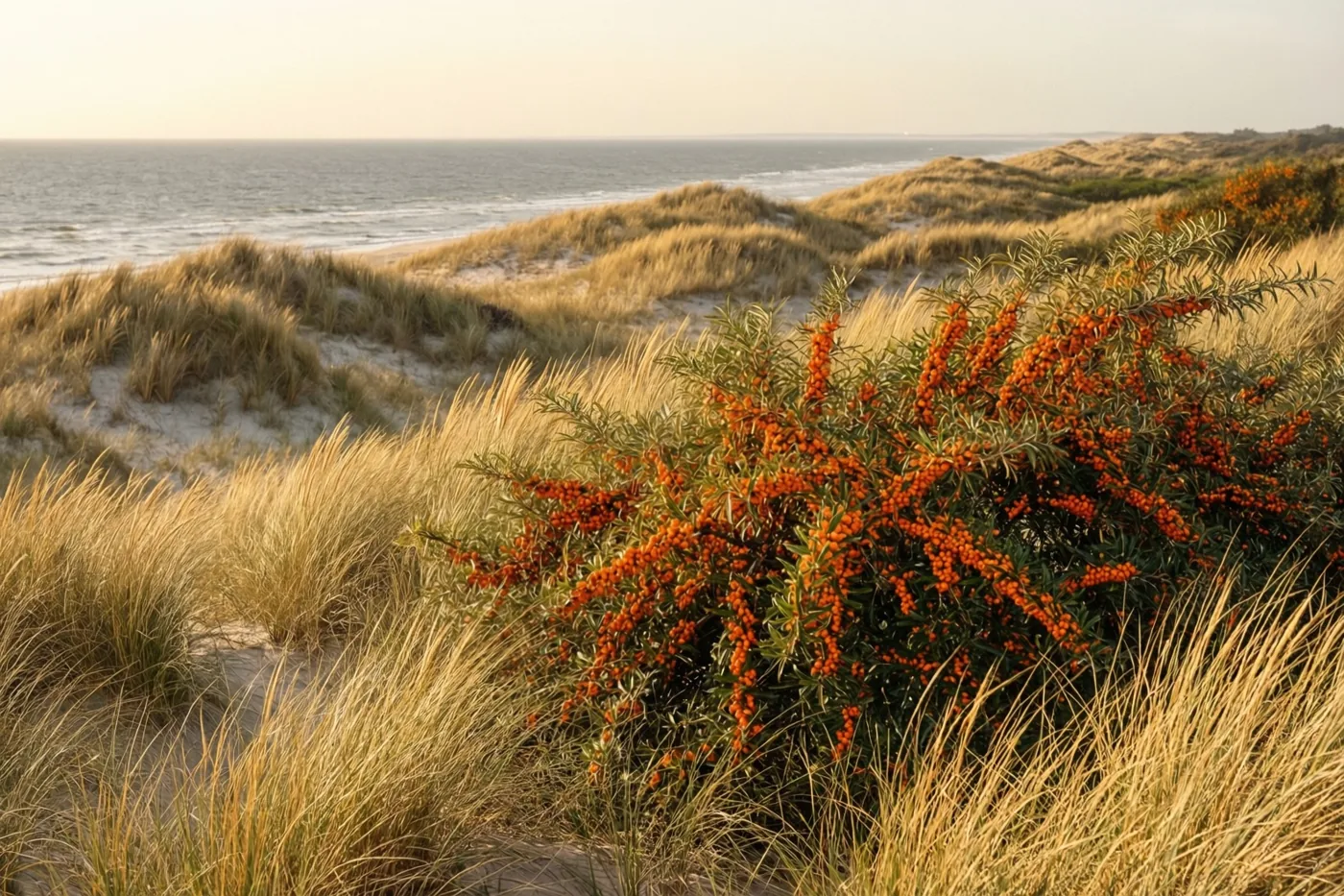 Een struik vol feloranje duindoornbessen staat voor zandduinen met goudkleurig helmgras, met een grijze zee onder een bleke hemel.